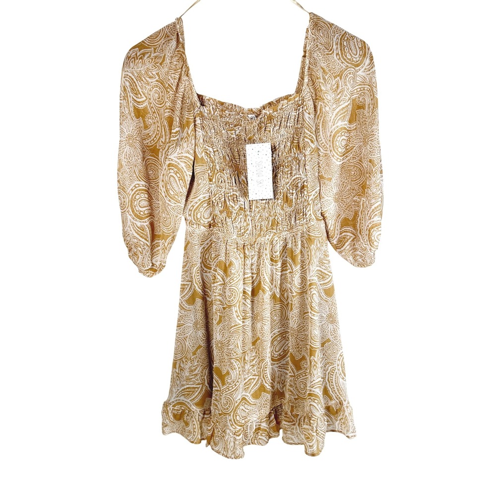 NWT - Sienna Sky Sundress Beige White Flowers Balloon Sleeve Dress Women's S - Picture 2 of 9